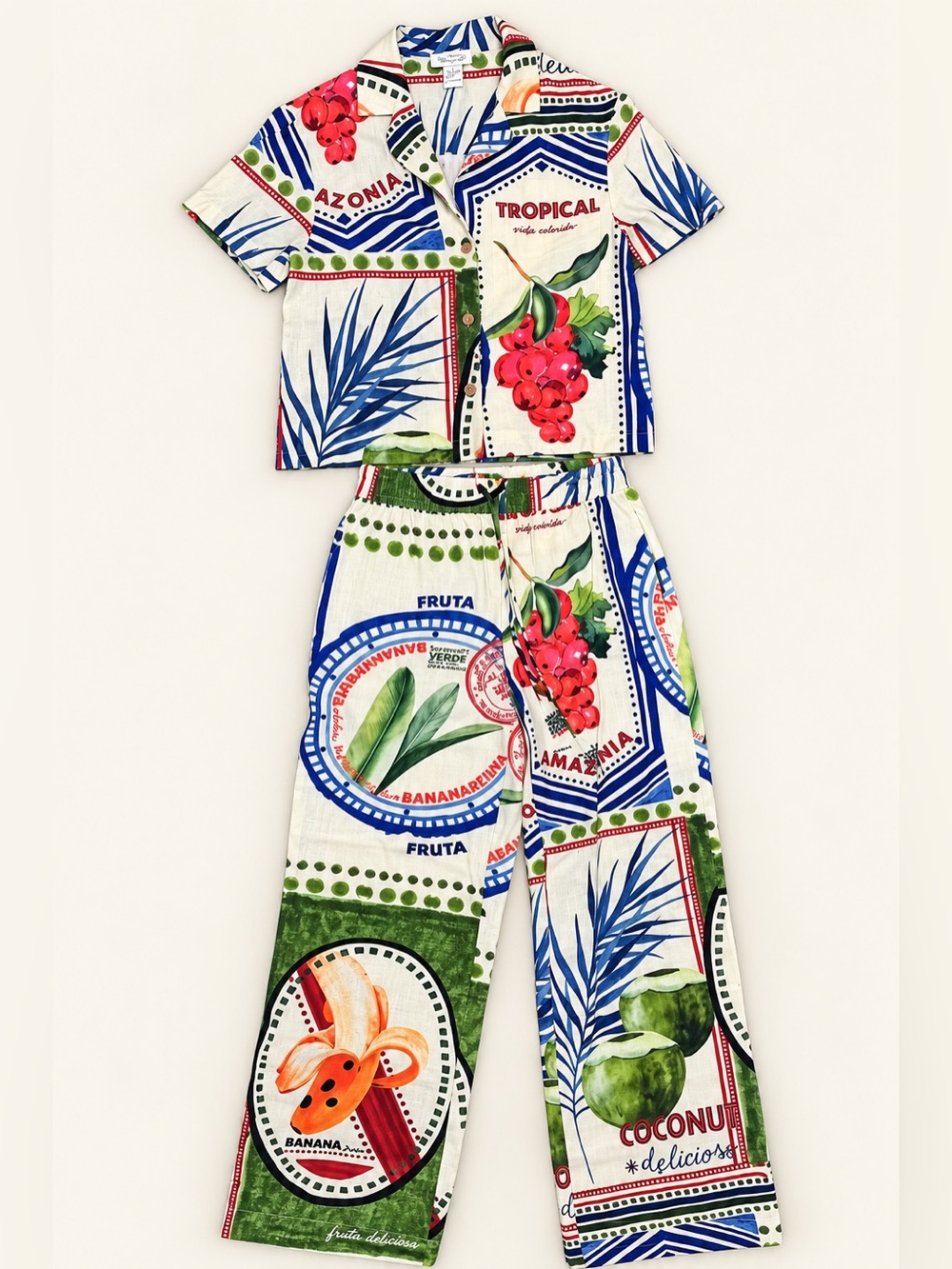 Rachel Zoe Linen Tropical Fruit Print Matching Two-Piece Pants Set - Picture 2 of 8